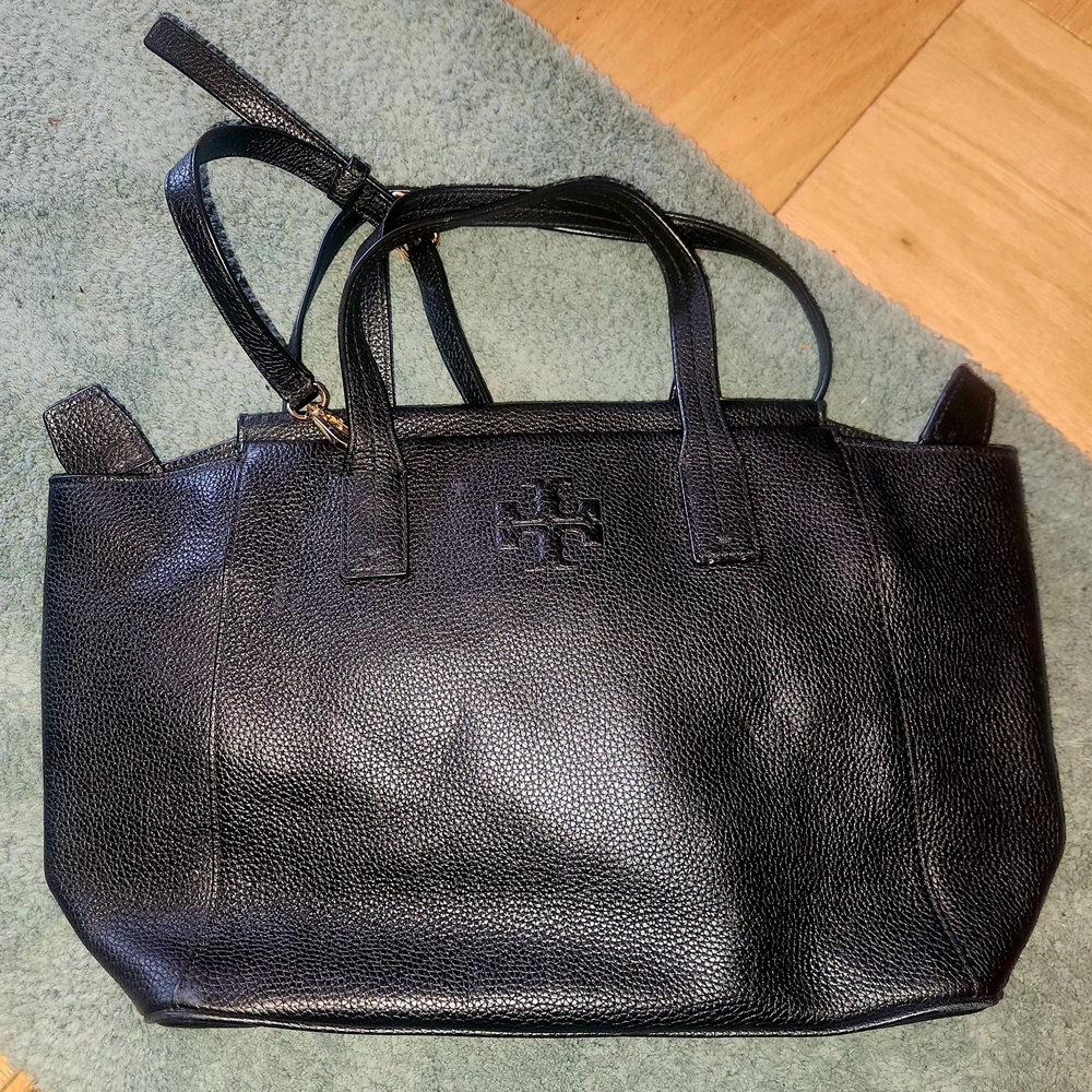 Tory Burch Black Pebbled Leather Tote with Top Handles